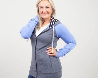Full Zip Hoodie Jamie Blue & Grey with Striped Accents | Medium weight Jacket with Thumbholes