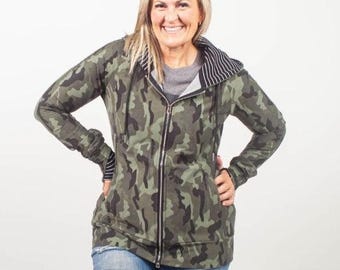 Full Zip Hoodie Camo Vibe Camouflage |Medium Weight Jacket with Thumbholes