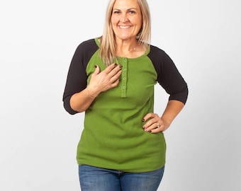 Ribbed 3/4 Sleeve Olive & Black Shirt | Henley Button Top | BeYou Essentials