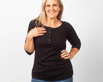 Ribbed 3/4 Sleeve Black Shirt | Henley Button Top | BeYou Essentials