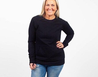 Crew Neck Luna Sweatshirt | Solid Black | Jacket with Thumbholes