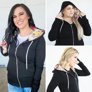 Lexi Black Floral Women's Full Zip Hoodie, Black Floral Womens Hoodie image 2