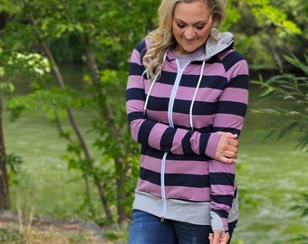 Full Zip Hoodie Toula Purple Lavender & Navy Stripes | Lightweight Jacket with Thumbholes