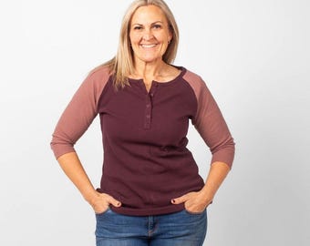 Ribbed 3/4 Sleeve Plum & Rose Shirt | Henley Button Top | BeYou Essentials