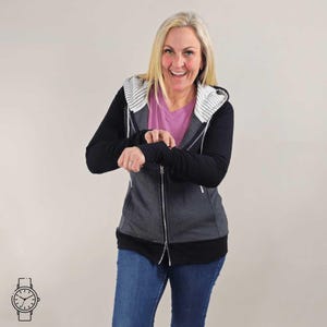 Full Zip Hoodie Jaycee Grey & Black with Pinstripe Accents | Medium Weight Jacket with Thumbholes and Watch Cuffs