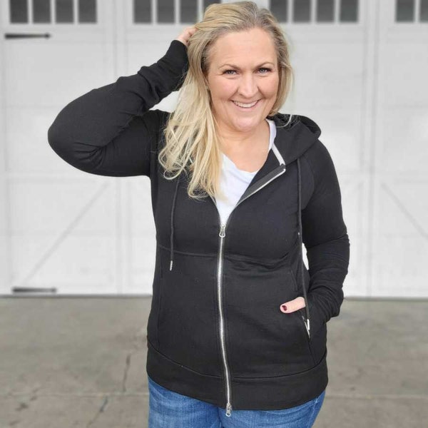 Luna Solid Black Full zip Women's Hoodie | Solid Black Women's Hoodie with Grey Accent | Women's Casual Fashion Hoodie