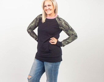 Crew Neck Camo Crush Sweatshirt | Black with Camouflage Sleeves