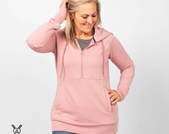 Half Zip Hoodie Rose Pink Solid Scuba | Lightweight Pullover Jacket with Thumbholes & Zipper Pocket