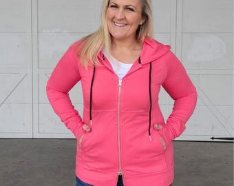 Full Zip Hoodie Coralee Solid Coral | Lightweight Full Zip Jacket with Thumbholes