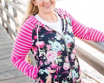 Full Zip Hoodie Isabel Blue | Navy Floral with Fuschia Pink Stripe Accents