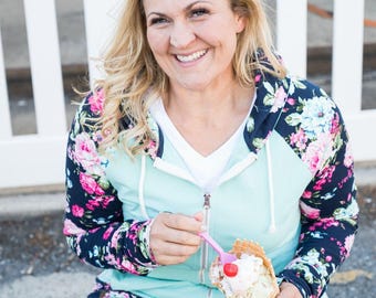 Full Zip Hoodie Mint Julep Green with Navy Floral Accents | Lightweight Jacket with Thumbholes