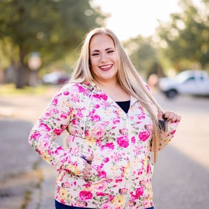 plus size  Floral hoodie with Dark grey accents