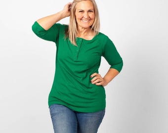 Ribbed 3/4 Sleeve Pine Green Shirt | Henley Button Top | BeYou Essentials