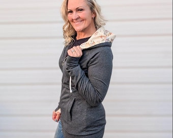 Full Zip Hoodie Meadow Gray with Floral Accents | Lightweight Jacket with Thumbholes