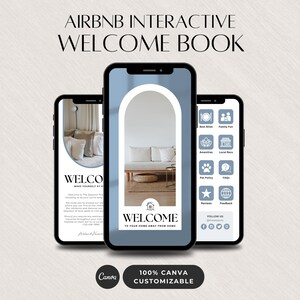 May include: A mockup of a mobile phone screen displaying a welcome guide for Airbnb guests. The guide includes a welcome message, information about the property, and links to local attractions and amenities. The text on the screen reads "Welcome to your home away from home".