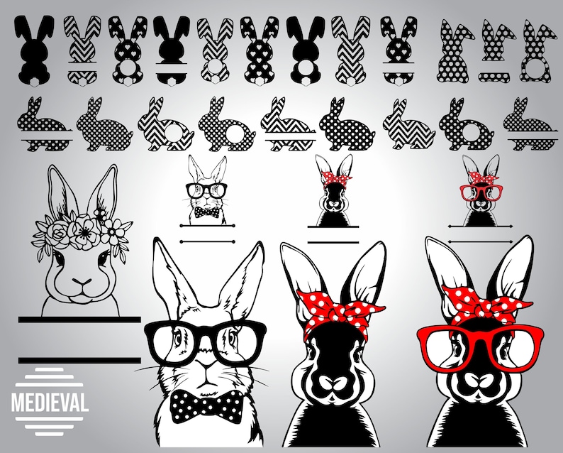 Easter clipart Bunny glasses bandana Realistic face Vector graphics RABBIT monogram svg files for cricut Rabbit SVG Head Printable art