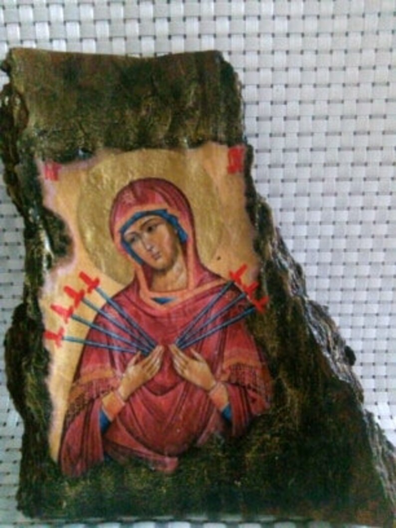 Holy Mother of God, Mother of God Seven Arrows, Handmade, Russian Orthodox Antique Style Icon on a wooden bark image 1