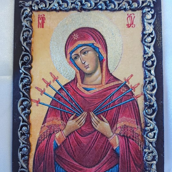 Holy Mother of God Seven Arrows Russian Orthodox Christian Antique Style Wood Icon Handmade