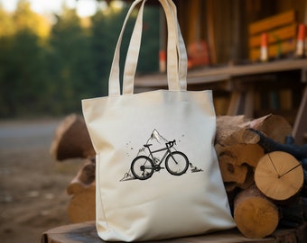 Sac en jute minimaliste avec motif montagne élégant et vélo - Mode durable / sac en tissu / sac à provisions /