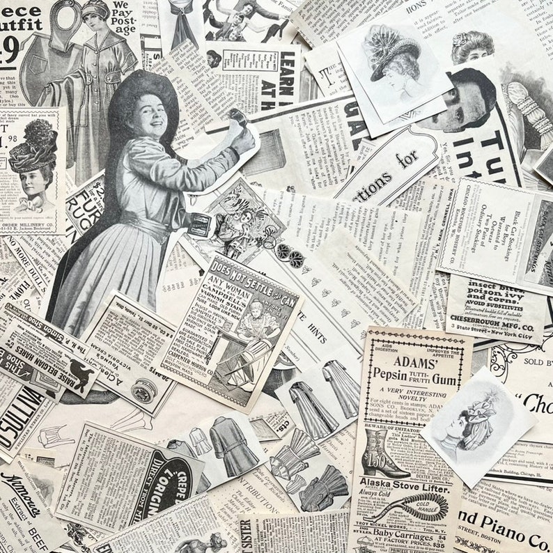 K&ouml;nnte beinhalten: Eine Sammlung von Vintage-Zeitungsartikeln und Anzeigen. Die Ausschnitte behandeln verschiedene Themen, darunter Mode, Haushaltswaren und Gesundheitsprodukte. Einige der Texte beinhalten "Does Not Settle", "Learn at Home", "Adams' Pepsin Gum" und "Alaska Stove Lifter".