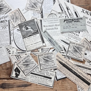 May include: A collection of vintage fountain pen advertisements and ephemera, featuring various brands and styles. The black and white ads showcase pen illustrations and text, with some including the text "Ease in Writing".