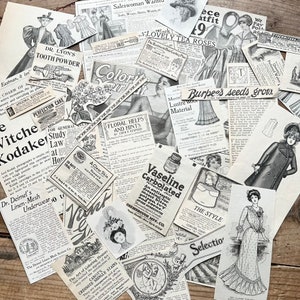 K&ouml;nnte beinhalten: Eine Sammlung von Vintage-Ephemera, darunter Anzeigen f&uuml;r Produkte wie Zahnpasta, Haarpflege und Samen. Die Bilder sind in Schwarzwei&szlig; und zeigen Illustrationen von Menschen und Produkten. Der Text enth&auml;lt S&auml;tze wie "Burpee's Seeds Grow" und "Dr. Lyon's Tooth Powder".