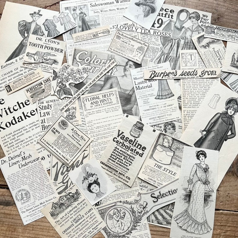 K&ouml;nnte beinhalten: Eine Sammlung von Vintage-Ephemera, darunter Anzeigen f&uuml;r Produkte wie Zahnpasta, Haarpflege und Samen. Die Bilder sind in Schwarzwei&szlig; und zeigen Illustrationen von Menschen und Produkten. Der Text enth&auml;lt S&auml;tze wie "Burpee's Seeds Grow" und "Dr. Lyon's Tooth Powder".