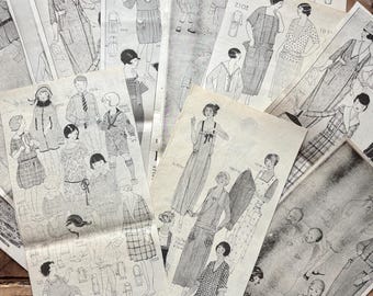 May include: A collection of vintage fashion illustrations, featuring detailed drawings of dresses, coats, and suits. The black and white sketches showcase various styles from the early 20th century, including flapper dresses and tailored ensembles. The illustrations are on aged paper.