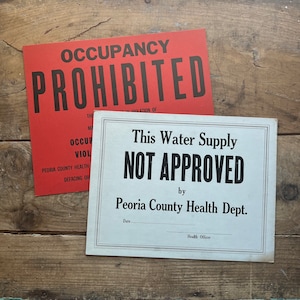Health Department Signs, c. 1930s | Peoria, IL | Occupancy Prohibited, Water Supply Not Approved | Vintage Warning, Danger | Red, White