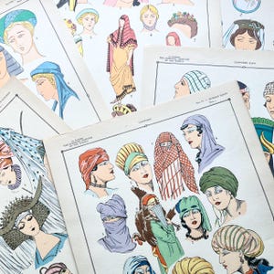 Historic Headwear Lithographs (1929) | Egypt, Greece, Assyria | Vintage Fashion, Style, Dresses | Full-Color, Full-Page | Antique Ephemera