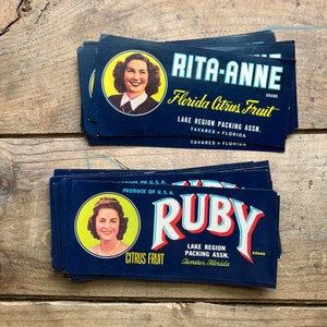 Florida Citrus Crate Labels | Vintage Advertising, Women | Rita-Anne, Ruby | Americana, Florida | Midcentury, Retro | Craft, Journaling