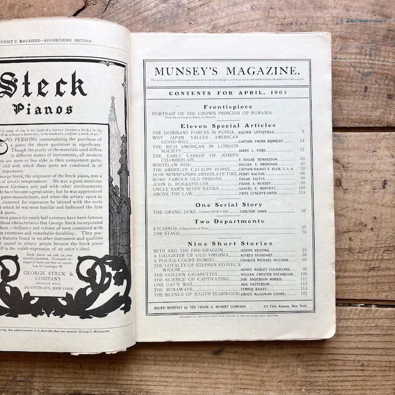 Rivista Munsey (aprile 1905) / Principessa rumena, Londra, Rockefeller, Marina degli Stati Uniti / Moda, Cultura, Teatro, Letteratura, Pubblicità / Vintage, Antico immagine 2