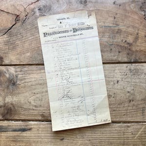 Może przedstawiać: Stary rachunek apteki od Geo. F. Borst, Farmaceuci i Drobni, 440 South Meridian St., Indianapolis, Ind. Rachunek jest na postarzanym papierze z odręcznymi wpisami i sumą 2,81 $.