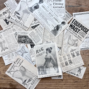 May include: A collection of vintage corset advertisements and illustrations, featuring various styles and brands. The black and white images showcase corsets, women in corsets, and text about the products. The ads are arranged on a wooden surface.