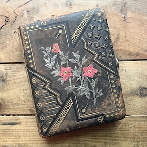 Floral Victorian Album (c. 1880s) | 24 Photographs, New York  | Embossed Leather, Gilt Fabric | Carte de Visite, Cabinet Card, Antique Scrap