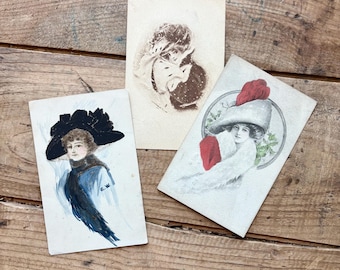 Winter Women Postcards (1910s) | Edwardian, Antique Ephemera | Hand-Painted | Antique, Vintage Ephemera, Art Nouveau, Gibson | Sent, Unsent