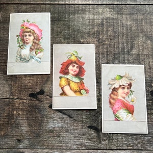 Victorian Trade Cards, Flower Hats (1880s) | Set of Three | Unused, Stock Cards | Girls with Flowers
