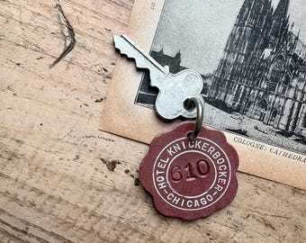 Hotel Knickerbocker Key & Fob (c. 1930s) | Antique Leather Keychain | Chicago History, Speakeasy, Prohibition | Vintage Travel Souvenir