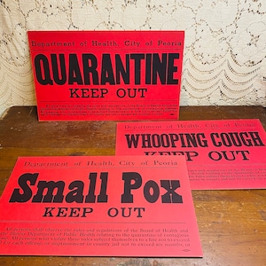 Vintage Quarantine Signs (1930s) | Peoria Department of Health | Whooping Cough, Small Pox | Pandemic, Epidemic, Disease | Medical Ephemera