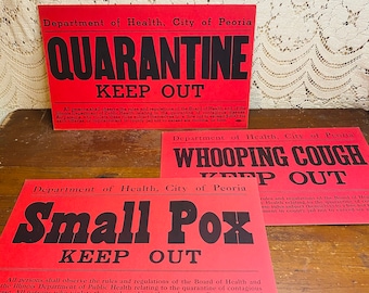 Vintage Quarantine Signs (1930s) | Peoria Department of Health | Whooping Cough, Small Pox | Pandemic, Epidemic, Disease | Medical Ephemera