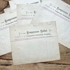 Temperance Publishing Co. Billheads (c. 1886) / Chicago / Boletín de la Templanza, Literatura / Efímeras sin usar / Vintage, Antigüedad, Prohibición