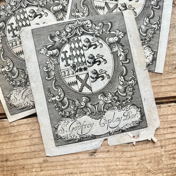 Antique Bookplates, Sir Godfrey Copley (1600s) | Sprotbrough House, Yorkshire | Peerage | Antiquarian Ephemera, Antique Paper, Engraving