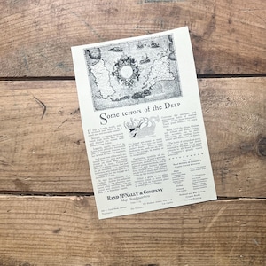 Rand McNally Print Advertisement (década de 1920) | Terrors of the Deep | Livro eduardiano, venda de livros, atlas, mapa | Lg Antique, publicidade vintage