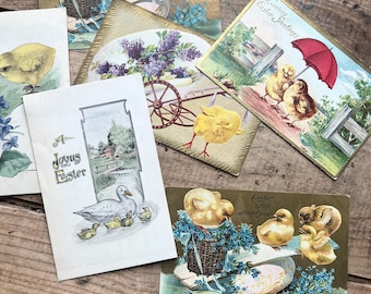 Cartes postales de Pâques, poussins et œufs (vers 1910) | Expédition en dollars | Éphémères antiques des Fêtes | vintage, dorure, gaufrage | Objet de collection édouardien