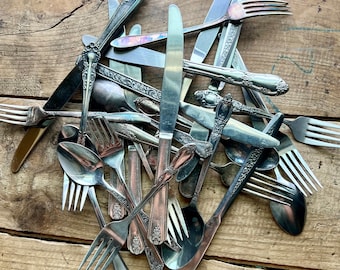 Mismatched Floral Silverware | Vintage Fork, Spoon, Knife Set | Silver, Silverplate | Mix and Match | Antique Kitchen | Flowers, Cottagecore