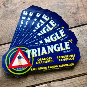 Triangle Citrus Fruit Labels, Lot of Five | Vintage Advertising | Blue Ephemera | Americana, Florida | Midcentury, Retro | Craft, Journaling