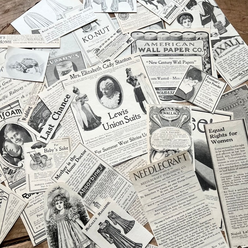 K&ouml;nnte beinhalten: Eine Sammlung von Vintage-Zeitungsartikeln und Anzeigen. Die Ausschnitte behandeln verschiedene Themen, darunter Mode, Sch&ouml;nheit und Frauenrechte. Einige der Texte beinhalten "Last Chance", "Lewis Union Suits", "Equal Rights for Women" und "Absorbine Jr."