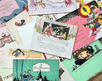 Christmas Cards, Art Deco (c. 1920s) | Vintage Holiday Ephemera | Colorful Antique Paper | New Year's Card | Handwritten Note