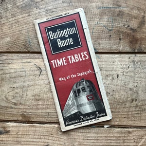 Horarios de la ruta de Burlington (1943), Mapas de trenes, Anuncios, Segunda Guerra Mundial, Efímero de viaje vintage, Coleccionable de ferrocarril vintage