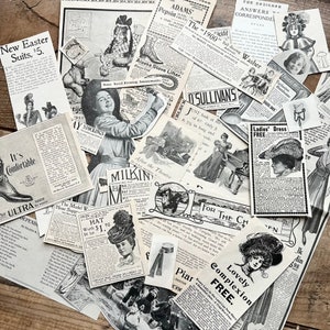 K&ouml;nnte beinhalten: Eine Sammlung von Vintage-Zeitungsartikeln und Anzeigen. Die Ausschnitte zeigen verschiedene Produkte und Dienstleistungen, darunter Kleidung, Schuhe, &Ouml;fen und eine Kugellager-Waschmaschine. Der Text enth&auml;lt S&auml;tze wie "New Easter Suits, $5", "The "1900" Ball-Bearing Washer" und "Ladies' Dress FREE".